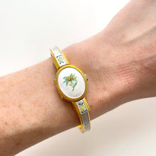 Load image into Gallery viewer, Vintage André Mouche Quartz Watch with Enamel Floral Design, Concealead Dial and Gold-Plated Bangle Bracelet
