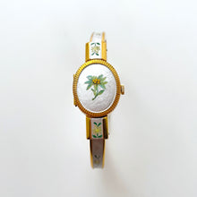 Load image into Gallery viewer, Vintage André Mouche Quartz Watch with Enamel Floral Design, Concealead Dial and Gold-Plated Bangle Bracelet
