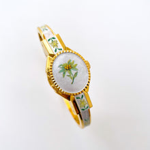 Load image into Gallery viewer, Vintage André Mouche Quartz Watch with Enamel Floral Design, Concealead Dial and Gold-Plated Bangle Bracelet
