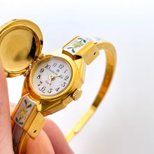 Load image into Gallery viewer, Vintage André Mouche Quartz Watch with Enamel Floral Design, Concealead Dial and Gold-Plated Bangle Bracelet
