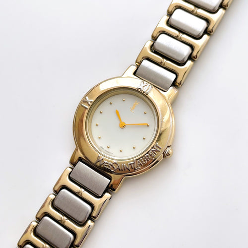 Vintage 1990s Yves Saint Laurent Ladies' Quartz Watch with Two-Tone Bracelet and Beige Dial