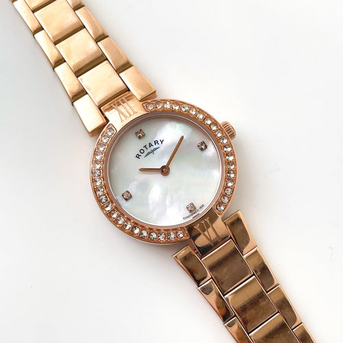 Ladies' Rotary Dolphin Quartz Watch With Rose Gold-Plated Bracelet and Mother of Pearl Dial