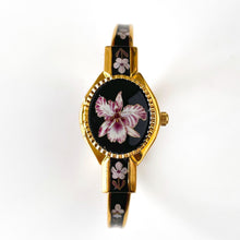 Load image into Gallery viewer, Vintage André Mouche Quartz Watch with Black and Purple Enamel Floral Design, Concealead Dial and Gold-Plated Bangle Bracelet
