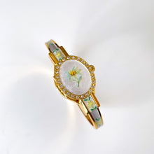 Load image into Gallery viewer, Vintage André Mouche Quartz Watch with Enamel Floral Design, Concealead Dial and Gold-Plated Bangle Bracelet
