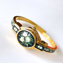 Load image into Gallery viewer, Vintage André Mouche Quartz Watch with Black and Green Enamel Floral Design, Concealead Dial and Gold-Plated Bangle Bracelet
