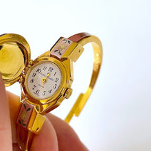 Load image into Gallery viewer, Vintage André Mouche Quartz Watch with Pink Enamel Floral Design, Concealead Dial and Gold-Plated Bangle Bracelet
