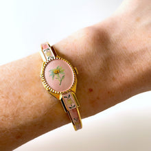 Load image into Gallery viewer, Vintage André Mouche Quartz Watch with Pink Enamel Floral Design, Concealead Dial and Gold-Plated Bangle Bracelet
