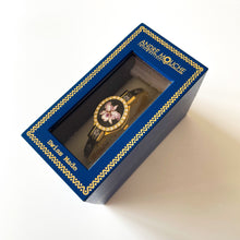 Load image into Gallery viewer, Vintage André Mouche Quartz Watch with Black and Purple Enamel Floral Design, Concealead Dial and Gold-Plated Bangle Bracelet
