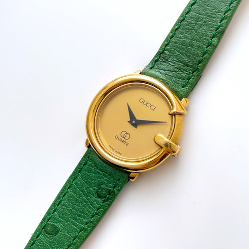 90s Gold-Plated Ladies' Gucci Quartz Watch with Green Leather Strap