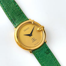 Load image into Gallery viewer, 90s Gold-Plated Ladies&#39; Gucci Quartz Watch with Green Leather Strap
