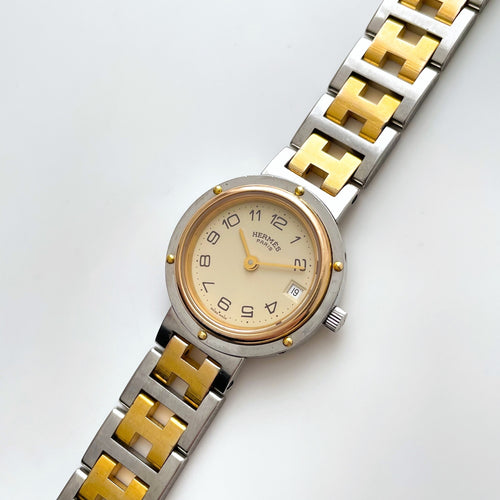 Vintage Two-Tone Hermès Clipper Ladies' Quartz Watch with Round Beige Dial