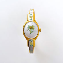 Load image into Gallery viewer, Vintage André Mouche Quartz Watch with Enamel Floral Design, Concealead Dial and Gold-Plated Bangle Bracelet
