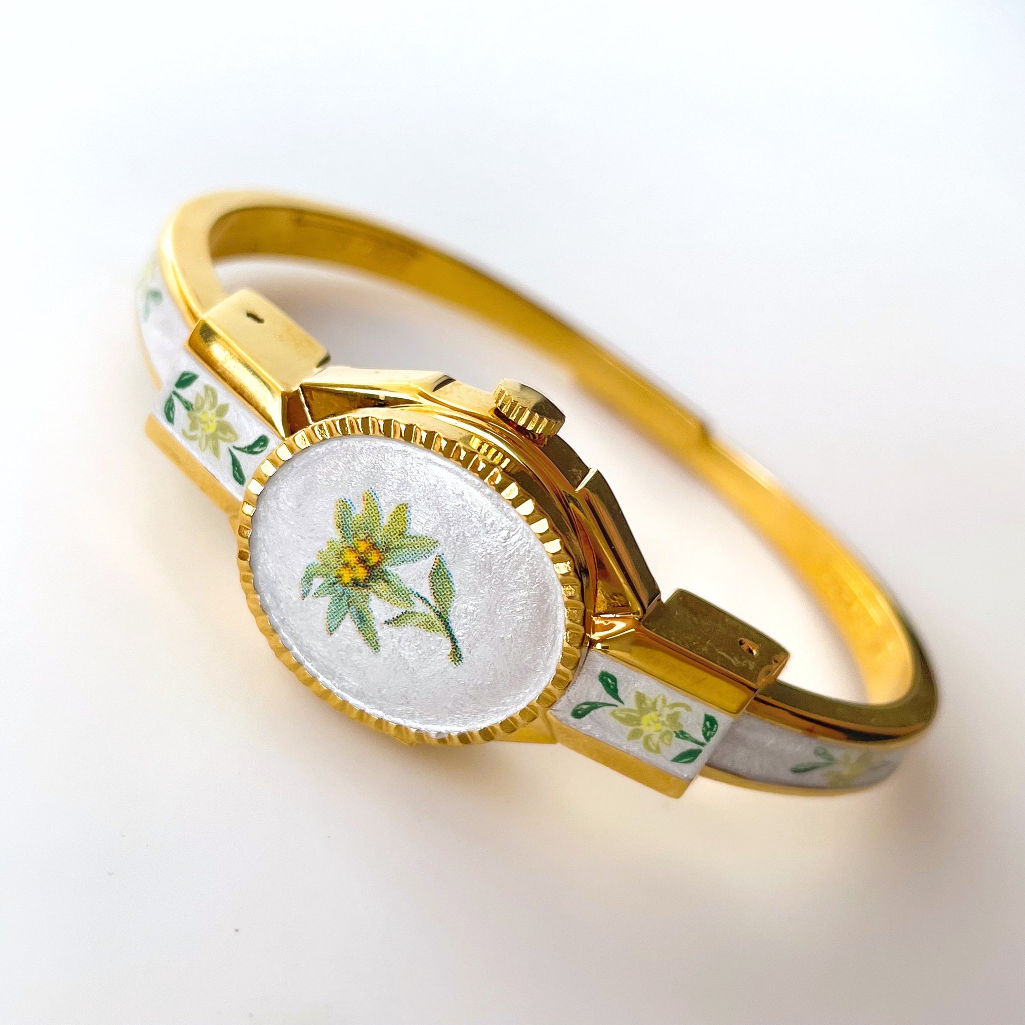 Vintage André Mouche Quartz Watch with Enamel Floral Design, Concealea ...