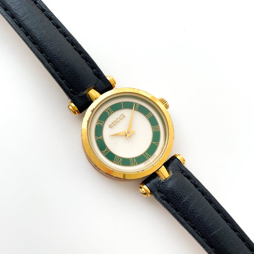 Vintage 1990 Ladies' Gucci Stack Quartz Watch with Green and Beige Dial