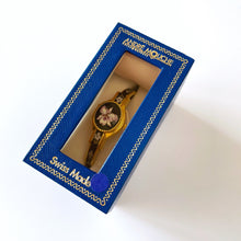 Load image into Gallery viewer, Vintage André Mouche Quartz Watch with Black and Purple Enamel Floral Design, Concealead Dial and Gold-Plated Bangle Bracelet
