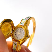 Load image into Gallery viewer, Vintage André Mouche Quartz Watch with Enamel Floral Design, Concealead Dial and Gold-Plated Bangle Bracelet
