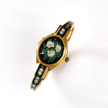 Load image into Gallery viewer, Vintage André Mouche Quartz Watch with Black and Green Enamel Floral Design, Concealead Dial and Gold-Plated Bangle Bracelet
