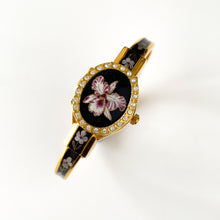 Load image into Gallery viewer, Vintage André Mouche Quartz Watch with Black and Purple Enamel Floral Design, Concealead Dial and Gold-Plated Bangle Bracelet
