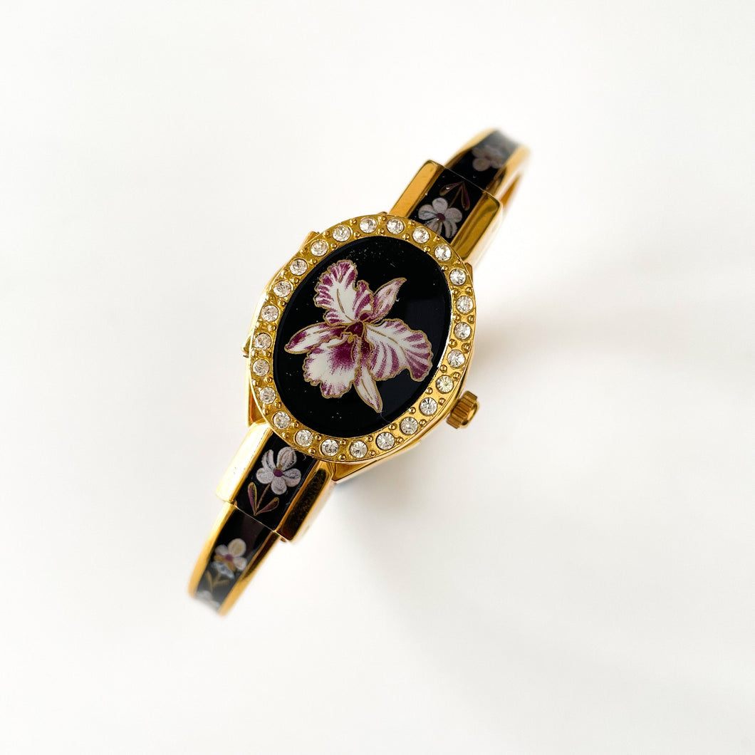 Vintage André Mouche Quartz Watch with Black and Purple Enamel Floral Design, Concealead Dial and Gold-Plated Bangle Bracelet