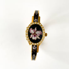 Load image into Gallery viewer, Vintage André Mouche Quartz Watch with Black and Purple Enamel Floral Design, Concealead Dial and Gold-Plated Bangle Bracelet
