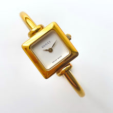 Load image into Gallery viewer, 90s Ladies&#39; Gold-Plated Gucci Bangle Quartz Watch with White Square Dial
