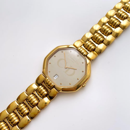 Vintage Gold-Plated Christian Dior Unisex Quartz Watch with Octagon Dial