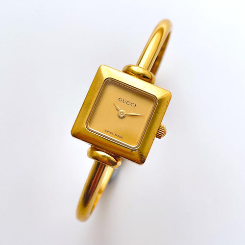 90s Gold-Plated Gucci Bangle Quartz Watch with Square Dial