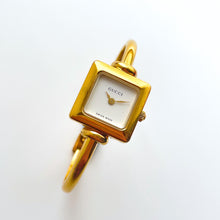 Load image into Gallery viewer, 90s Ladies&#39; Gold-Plated Gucci Bangle Quartz Watch with White Square Dial
