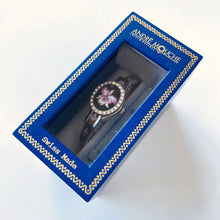 Load image into Gallery viewer, Vintage André Mouche Quartz Watch with Black Enamel Floral Design, Concealead Dial and Silver-Tone Bangle Bracelet
