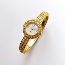 Load image into Gallery viewer, Vintage Pedre Mother of Pearl Quartz Watch with Gold-Plated Crystal-Set Bangle Bracelet
