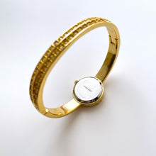 Load image into Gallery viewer, Vintage Pedre Mother of Pearl Quartz Watch with Gold-Plated Crystal-Set Bangle Bracelet
