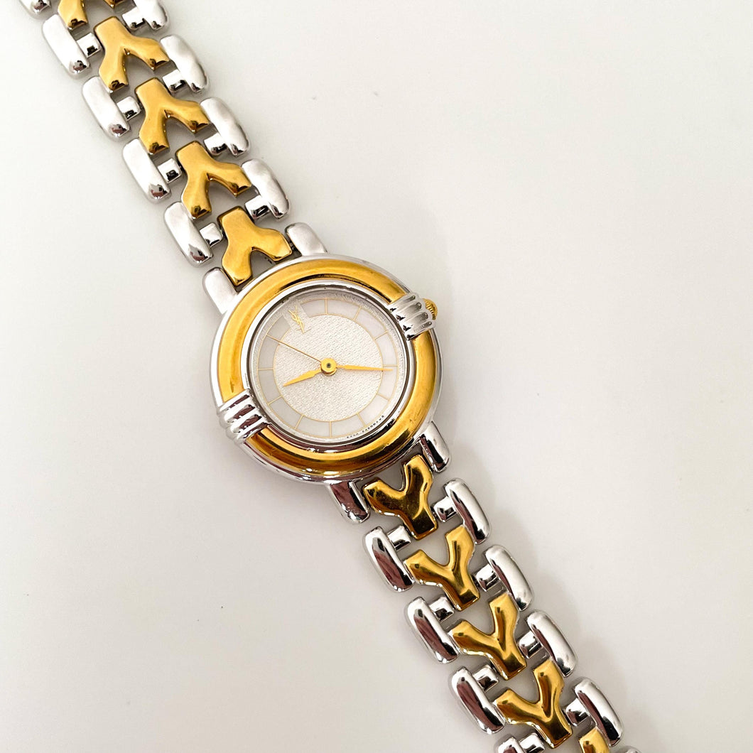 Vintage 1990s Yves Saint Laurent Ladies' Quartz Watch with Two-Tone Bracelet and White Dial