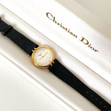 Load image into Gallery viewer, Vintage Christian Dior Gold-Plated Ladies&#39; Quartz Watch with Black Leather Strap - Boxed
