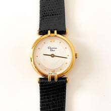 Load image into Gallery viewer, Vintage Christian Dior Gold-Plated Ladies&#39; Quartz Watch with Black Leather Strap - Boxed
