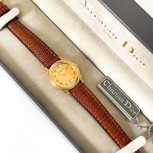 Load image into Gallery viewer, Vintage Christian Dior Gold-Plated Ladies&#39; Quartz Watch with Brown Leather Strap - Boxed
