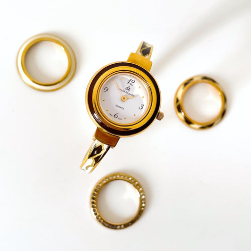 Vintage André Mouche Quartz Watch Set with Interchangeable Bezel, Enamel Design and Gold-Plated Bangle Bracelet