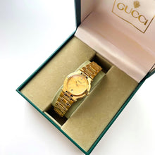 Load image into Gallery viewer, Vintage Gold-Plated Gucci Quartz Watch with Round Dial and Date Window - Boxed
