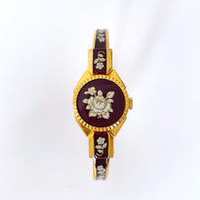 Load image into Gallery viewer, Vintage André Mouche Quartz Watch with Burgundy Enamel Floral Design, Concealead Dial and Gold-Plated Bangle Bracelet
