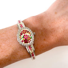 Load image into Gallery viewer, Vintage André Mouche Quartz Watch with White and Pink Enamel Floral Design, Concealead Dial and Silver-Tone Bangle Bracelet
