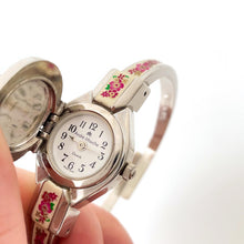 Load image into Gallery viewer, Vintage André Mouche Quartz Watch with White and Pink Enamel Floral Design, Concealead Dial and Silver-Tone Bangle Bracelet
