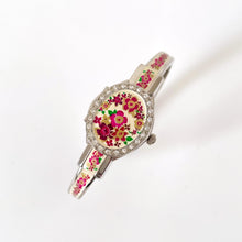 Load image into Gallery viewer, Vintage André Mouche Quartz Watch with White and Pink Enamel Floral Design, Concealead Dial and Silver-Tone Bangle Bracelet
