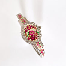 Load image into Gallery viewer, Vintage André Mouche Quartz Watch with White and Pink Enamel Floral Design, Concealead Dial and Silver-Tone Bangle Bracelet
