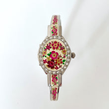 Load image into Gallery viewer, Vintage André Mouche Quartz Watch with White and Pink Enamel Floral Design, Concealead Dial and Silver-Tone Bangle Bracelet
