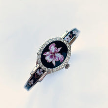 Load image into Gallery viewer, Vintage André Mouche Quartz Watch with Black Enamel Floral Design, Concealead Dial and Silver-Tone Bangle Bracelet
