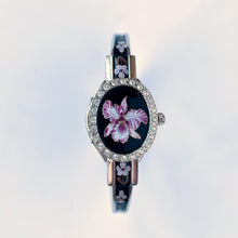 Load image into Gallery viewer, Vintage André Mouche Quartz Watch with Black Enamel Floral Design, Concealead Dial and Silver-Tone Bangle Bracelet
