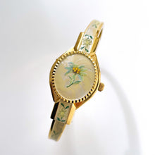 Load image into Gallery viewer, Vintage André Mouche Quartz Watch with Enamel Floral Design, Concealead Dial and Gold-Plated Bangle Bracelet
