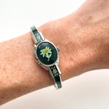 Load image into Gallery viewer, Vintage André Mouche Quartz Watch with Green Enamel Floral Design, Concealead Dial and Silver-Tone Bangle Bracelet
