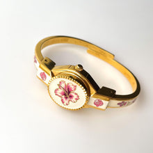 Load image into Gallery viewer, Vintage André Mouche Quartz Watch with Pink Enamel Floral Design, Concealead Dial and Gold-Plated Bangle Bracelet
