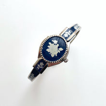 Load image into Gallery viewer, Vintage André Mouche Quartz Watch with Navy Enamel Floral Design, Concealed Dial and Silver-Tone Bangle Bracelet
