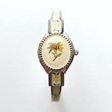 Load image into Gallery viewer, Vintage André Mouche Quartz Watch with Enamel Floral Design, Concealed Dial and Silver-Tone Bangle Bracelet
